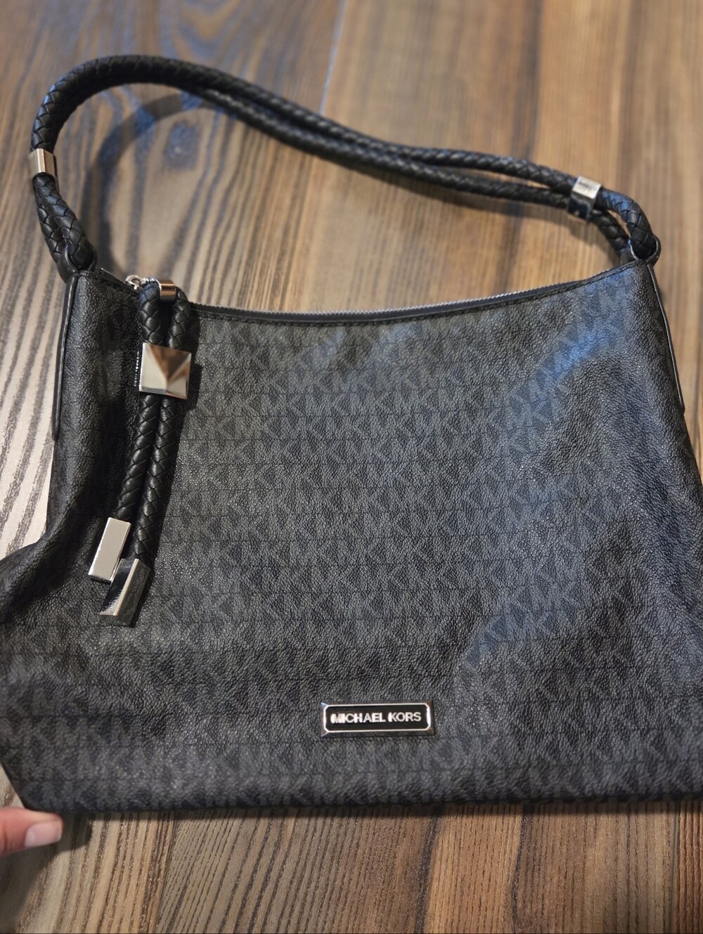 Michael Kors Signature Black Logo-Print Braided-Handle Shoulder Bag